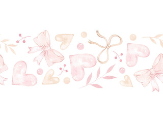 Watercolor pink border with bows, hearts and stars. Cute romantic print, horizontal banner. Children's theme, little princess, Valentine's day. Background, wallpaper, ribbon.