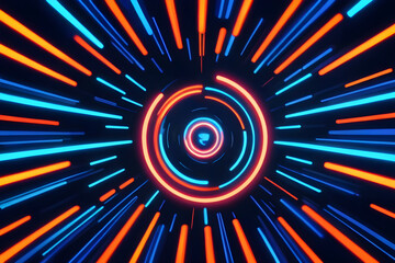 Neon lights streaking towards glowing circular centerpiece on dark background