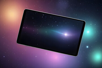 Tablet floating in space showing comet flying through stars and nebulae