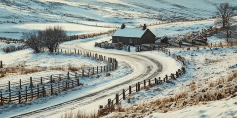 A beautiful snowy landscape features a winding road leading to a cozy cabin. The rustic home is surrounded by white snow and a fence. Perfect for winter-themed projects. AI