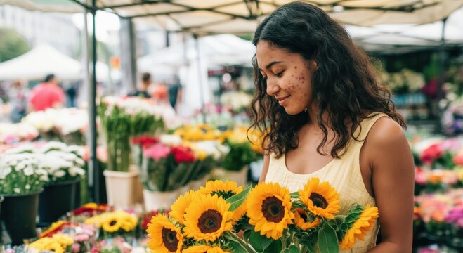Young hispanic woman enjoying sunflowers at outdoor flower market on a sunny day - Powered by Adobe