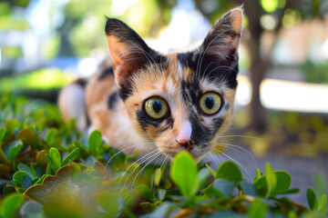Alert kitten with intense expression among colorful foliage and greenery in summer sunlight