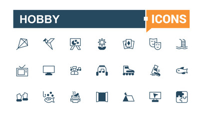 Hobby icon set. Containing linear, vacation, glyph, relax, sea, bus, drink and more. Minimalistic web and UI icons. Editable vector outline and solid icons.