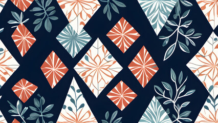 Seamless floral pattern decorating interlocking diamonds and triangles on dark blue background
