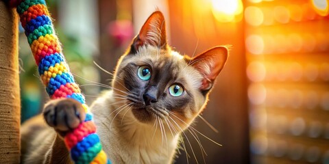 Playful Siamese Cat Engaging with Colorful Toy on Wooden Cat Tree in Cozy Indoor Setting, Capturing the Joy of Feline Playtime and Exploration in Portrait Photography