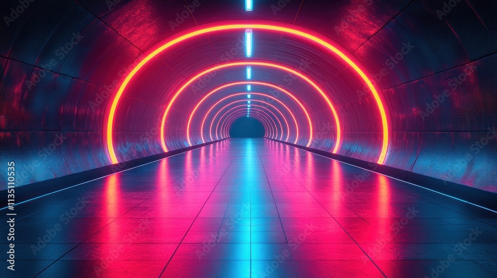 Poster a vibrant, neon-lit tunnel with reflective surfaces creating a futuristic atmosphere.