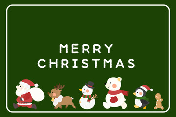 サンタ、トナカイ、雪だるま、しろくま、ペンギン、ジンジャーブレッドのお散歩　バナー　緑