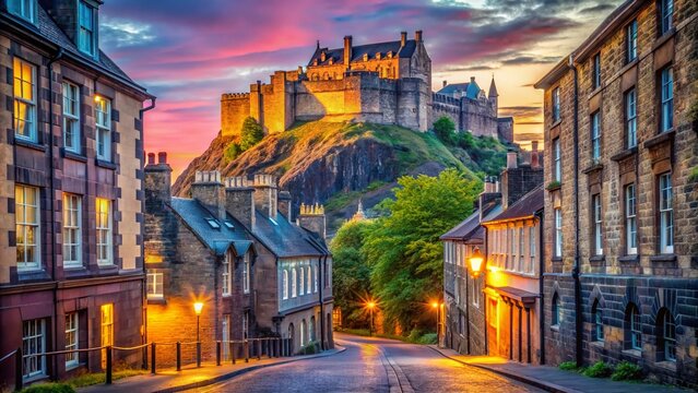 Portrait of Edinburgh Castle Seen from Vennel Street in Scotland, Showcasing Historic Architecture and Scenic Beauty with a Serene Atmosphere and No People in Sight
