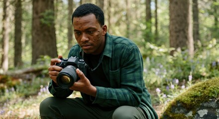 Fototapeta premium Focused young african male photographer capturing nature in serene forest setting
