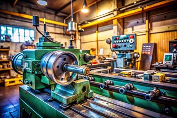 Precision Machining with a Tokarka: Captivating Close-Up of a Lathe in Action, Showcasing Metalworking Techniques and Tools in a Well-Organized Workshop Environment