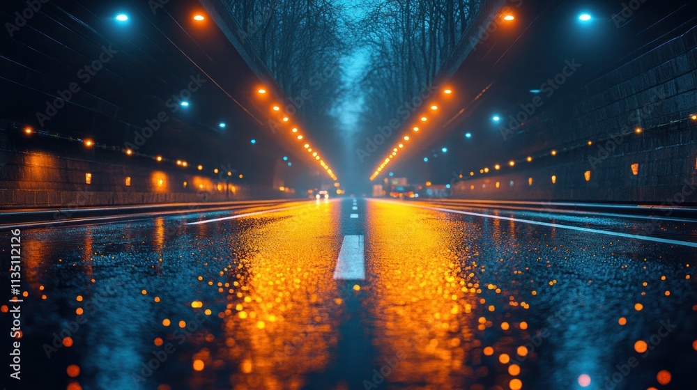 Aufkleber a vibrant, wet road illuminated by lights in a tunnel, creating a moody atmosphere.
