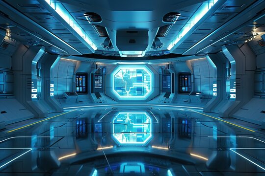 Futuristic space station with a large window in the middle