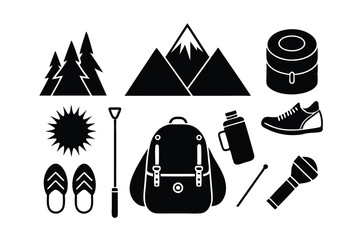 Adventure and Outdoor Pack camping gear, hiking trails, outdoor activities, adventure icons