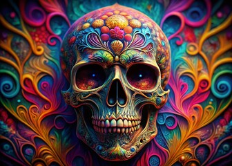 Psychedelic Colorful Skull Silhouette Art with Vibrant Patterns and Abstract Designs for Unique Wall Decor and Artistic Expression in Generative AI Photography