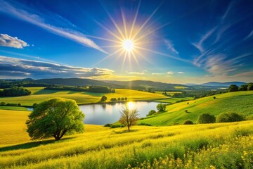 Naklejka premium Radiant Sunshine Over Serene Landscape Celebrating World Sun Day with Bright Golden Rays of Solar Energy Illuminating Nature's Beauty in a Vibrant, Hot Environment