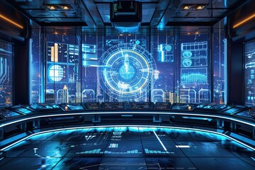 Futuristic room with a large blue screen in the center