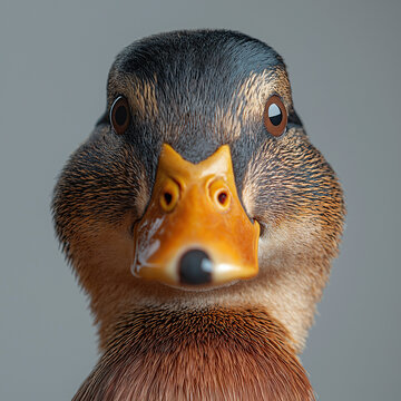 A close up of a humorous duck face with plain background. 