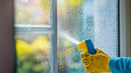 A person wearing yellow rubber gloves uses a blue spray bottle to clean a window, with water droplets on the glass. The bright, natural light outside contrasts with the cleaning action, evoking