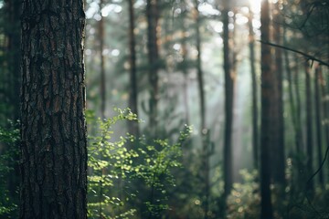 Tree trunk with green leaves and a blurry background