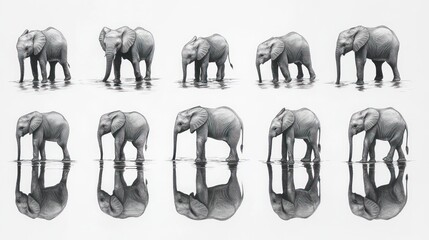Animated sequence of elephants walking in shallow water, with reflections.