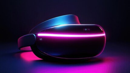 A sleek VR headset illuminated by neon lights, epitomizing the futuristic advances in virtual reality and immersive technology.