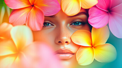 Woman's face framed by vibrant plumeria flowers in soft light