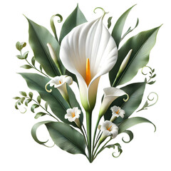 Obraz premium A bouquet of white calla lilies with green leaves. The lilies are arranged in a vase, with the stems and leaves flowing out to the sides. The lilies are in bloom, with their white petals open 