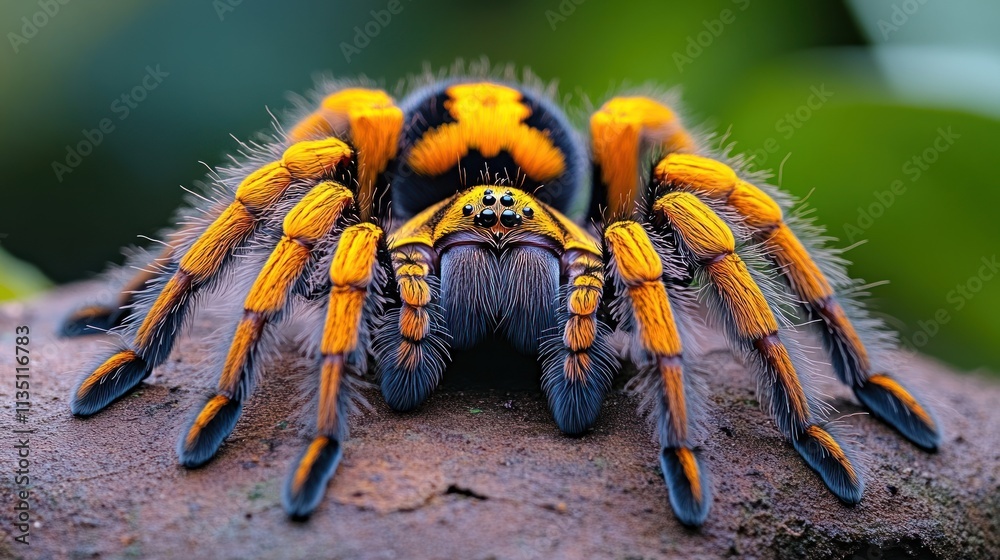 Poster a vividly colored spider with orange and black markings on a textured surface.