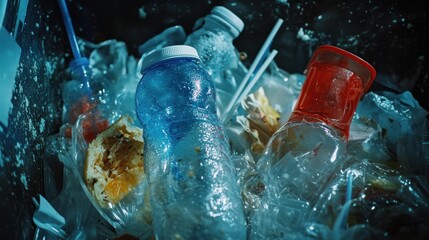 Plastic waste overflowing a bin filled with discarded bottles, food scraps, and straws.