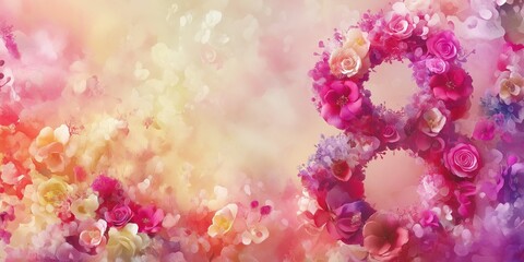 Fototapeta premium Floral number 8 composed of vibrant pink and yellow flowers in a dreamy setting, celebrating International Women's Day