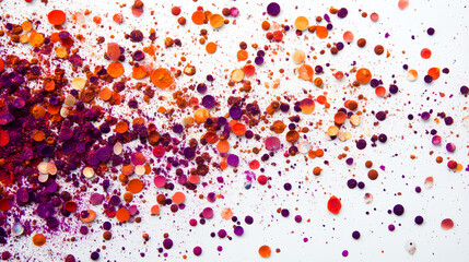 Scattered Holi color dots in orange and purple on white background