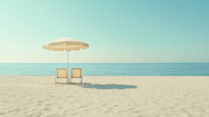 Fototapeta premium Two beach chairs under a parasol on a sandy beach, overlooking a calm ocean.