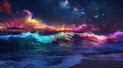 Majestic bioluminescent ocean waves glowing with radiant colors under a mesmerizing cosmic sky. This fantasy-like seascape highlights the beauty of nature and the universe combined, creating a magical