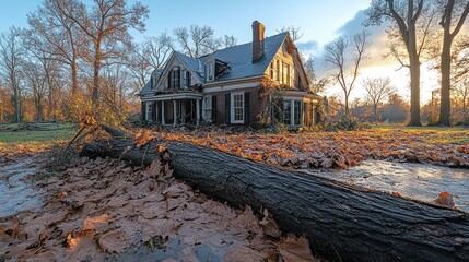 A weathered house surrounded by fallen leaves and a downed tree, illuminated by sunset.