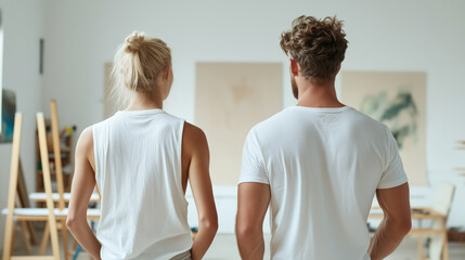 Artistic couple admiring their work in a creative studio