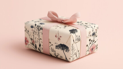 A ribbon-tied gift box with minimalistic floral decor, placed against a pale pink background