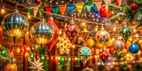 Retro Christmas Decorations Vector Banners in Long Exposure Style Featuring Festive Ornaments, Snowflakes, and Vintage Colors for a Nostalgic Holiday Atmosphere