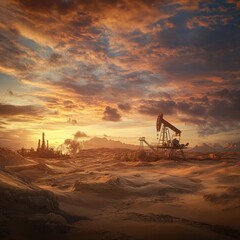 Desert oil pump jack at sunset.