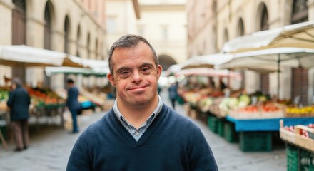 Obraz premium Portrait of smiling caucasian male with down syndrome at outdoor market