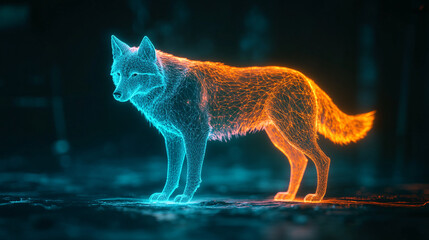 A glowing sport science research icon featuring a glowing wolf, representing online platforms studying animal behavior and teamwork in sports.  