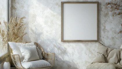 Boho Chic Interior Blank Frame Rattan Chair Textured Wall