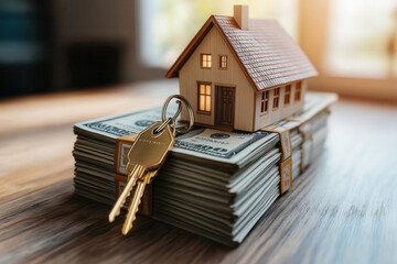 A set of keys with a house keychain placed on a stack of dollar bills, illustrating the rise in real estate prices