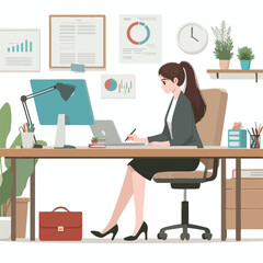 a woman is using his laptop sitting on a chair looking in the laptop  colourful vector on a white background