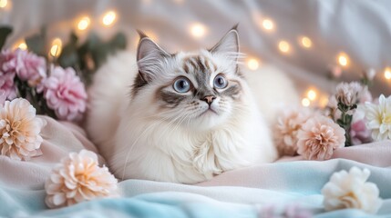 White cat on pastel blanket with flowers and fairy lights