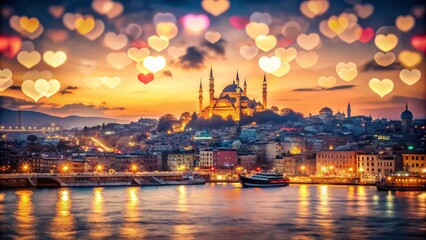 Naklejka premium Romantic Bokeh Effect of Istanbul's Skyline with Heart Motif, Showcasing European Charm and Tourism Appeal for Travel Lovers