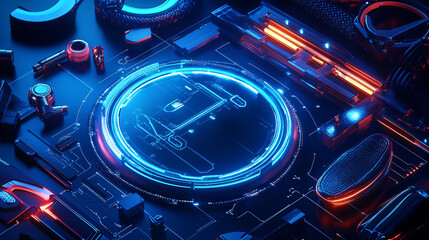 A glowing sports equipment maintenance icon linked to usage data, representing online platforms for gear care and optimization. 