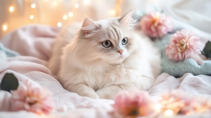White cat on pastel blanket with flowers and fairy lights
