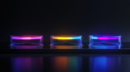 Obraz premium Augmented reality data interface, transparent circular bars with electric accent colors, depth-shifting holographic background, immersive tech aesthetic