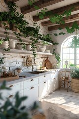 Fototapeta premium Modern minimalist rustic kitchen with vineyard access and stone wall design