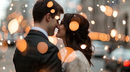 Romantic couple sharing an intimate moment on a city street adorned with soft glowing lights during a wedding celebration capturing love and connection vividly